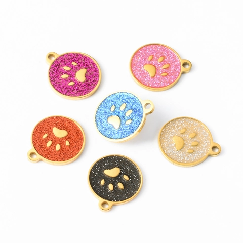 Stainless Steel Round Pet Paw Pendant Enamel Glitter Dog ID Tag DIY Jewelry Making Accessories