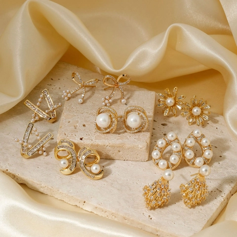 Elegant Copper Artificial Pearl Stud Earrings With Rhinestone Fashion Bowknot Flower V-Shaped Geometric Jewelry For Women