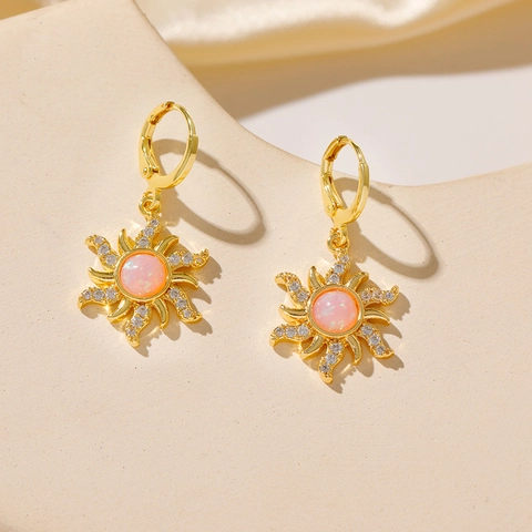 Sunburst Hoop Earrings Stainless Steel With Opal And Zircon Retro Gold Plated Leverback Jewelry For Women