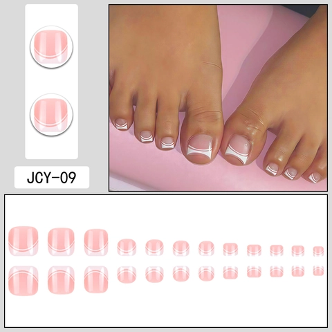 French Tip Press On Toenails White Wave Design Nude Pink Full Cover Square Glossy Acrylic Feet False Nails