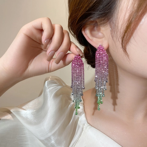 Lange Quasten Ohrhänger Kupfer Strass Farbverlauf Bunt Mit Edelstahl Ohrstecker Für Damen Formelle Party Elegant