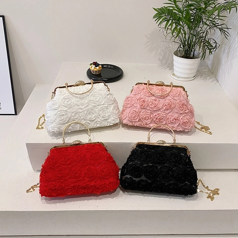 Rose Flower Evening Bag Women Floral Wedding Clutch Purse With Circular Metal Handle Rhinestone Kiss Lock Crossbody Handbag