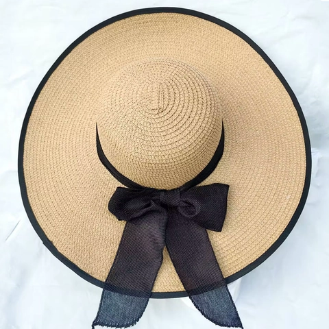 Cappello Di Paglia Da Donna A Tesa Larga Pieghevole Traspirante Estate Spiaggia Viaggio Vacanza Elegante Con Fiocco