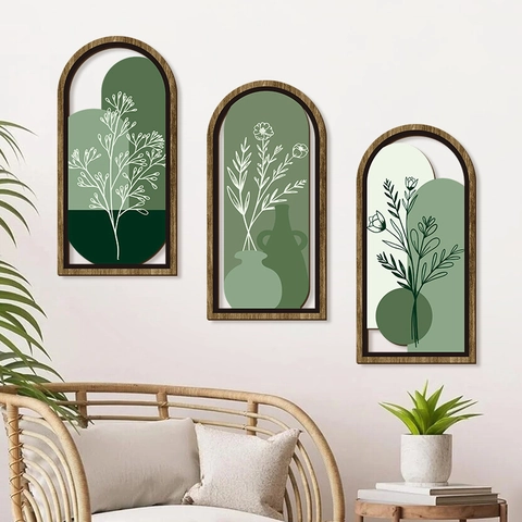 Arched Wood Wall Art Abstract Green Botanical Minimalist Bohemian Style Living Room Floral Hanging Plaque Nature Decor