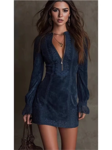 Women Long Sleeve Mini Dress Suede Texture Embroidered Lace Front Zipper V Neck Bodycon Slim Fit