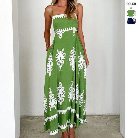 Robe Maxi Imprimé Floral Ethnique Bohème Dos Nu À Bretelles Taille Haute Ligne A Mode De Plage Vacances Pour Femmes