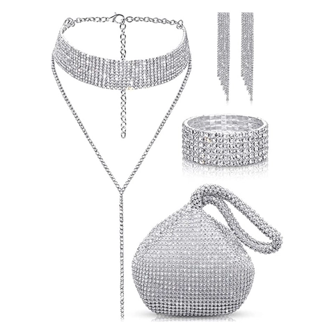 Borsa Da Sera Con Strass E Orecchini Con Nappine E Collana E Bracciale Per Matrimonio Accessori In Cristallo Lucido