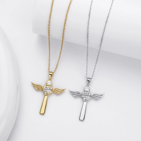 Collana Croce Cuore Ali Di Angelo In Argento Sterling 925 Con Zirconia Elegante Gioiello Religioso Regalo Per Donne