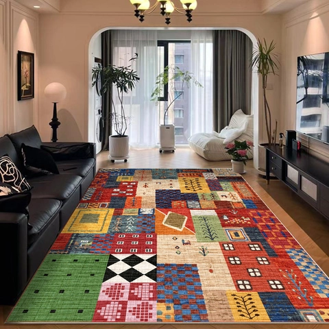 Bohemian Geometrischer Patchwork-Teppich Polyester Belgischer Samt Rutschfeste TPR-Unterseite Retro Ethno-Teppich Für Wohnzimmer