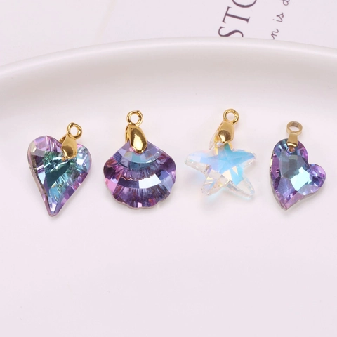 Ciondoli In Vetro Di Cristallo Colorato Aurora AB Con Anelli Placcati In Oro Per Creazione Di Gioielli DIY Forme Cuore Conchiglia Stella Marina