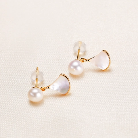 Freshwater Pearl Mother Of Pearl Fan Shaped Stud Earrings With 925 Sterling Silver Earring Post Vintage Skirt Earrings Jewelry