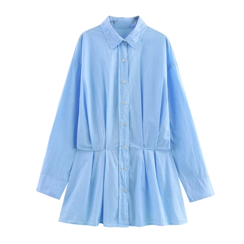 Damen Langarm Hemdblusenkleid Umlegekragen Taillenbindung Plissee Saum Preppy Style Einfarbig Popeline Minikleid