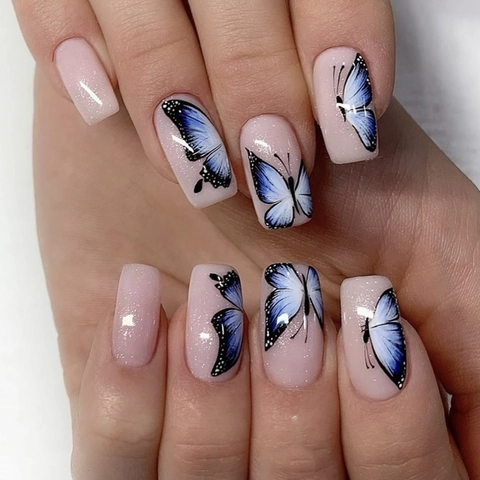 Press On Nails Square Round Medium Long Blue Butterfly Gradient Shimmer Nude Pink Resin False Nails For Women