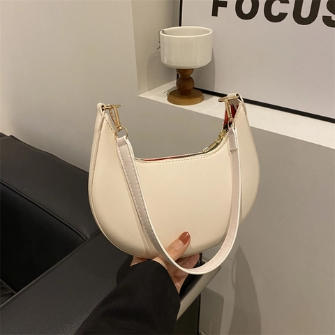 Women Half Moon Shoulder Bag PU Leather Minimalist Solid Color Underarm Bag Hobo Style Gold Hardware