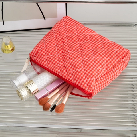 Borsa Trucco Trapuntata Gingham Cotone Organizzatore Da Toeletta Viaggio Sacchetto Di Immagazzinaggio Portatile Donne