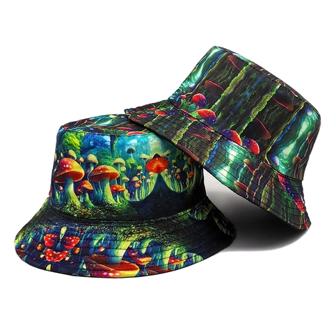 Omkeerbare Vissershoed Polyester Magische Paddestoel Print Psychedelisch Zonbescherming Zomer Unisex Retro
