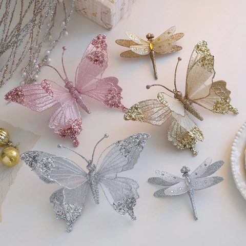 Glitter Butterfly Dragonfly Christmas Tree Ornaments Mesh Gauze Decorative Sparkling Holiday Hanging Accents