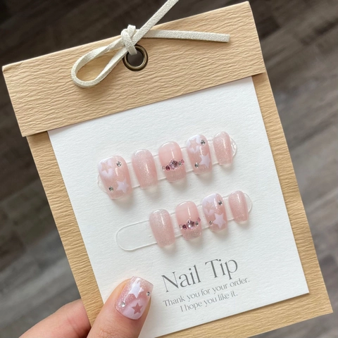 Handmade Press On Nails Rosa Glitzer Sternmuster Strass Verziert Quadratisch Rund Künstliche Nägel Für Frauen Süßer Stil