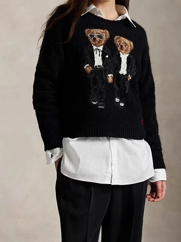 Damen Strickpullover Cartoon Bär Stickerei Rundhals Langarm Lässig Weiche Strickwaren Oberteile