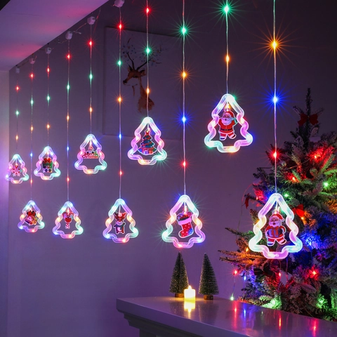 Christmas LED Curtain Lights Tree Shape Icicle String Light USB Battery 8 Modes Remote Control Holiday Decor Plastic