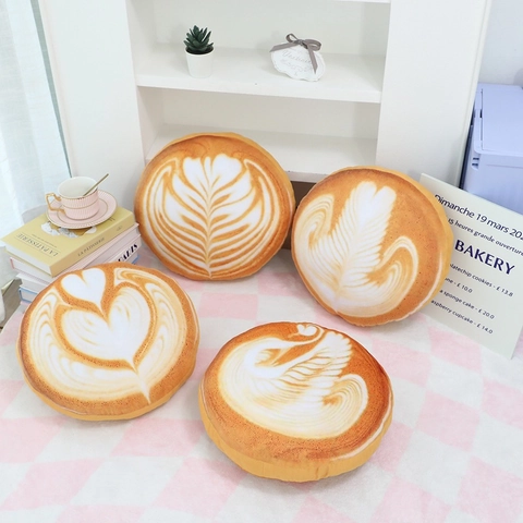 Realistisch Koffie Latte Art Rond Sierkussen Zacht Pluche Kussen Voor Bank Kantoor Nieuwigheid Hart Blad Patroon Decor