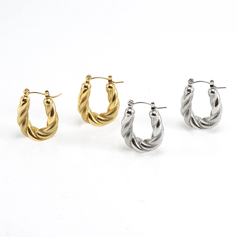 Pendientes De Aro Trenzados De Acero Inoxidable Chapado En Oro De 18K Forma De U Irregular Textura Tejida Para Mujer