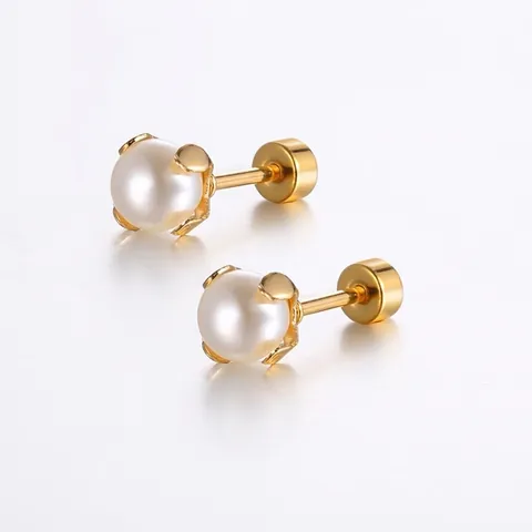 Minimalistische Titanstahl Künstliche Perle Ohrstecker Für Damen Elegante Geometrische Kronenfassung Vier Krallen Schraubverschluss Schmuck