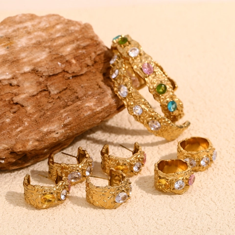 Joyas De Acero Inoxidable Martillado Irregular Baño De Oro 18K Circonita Pulsera Pendientes Y Anillo