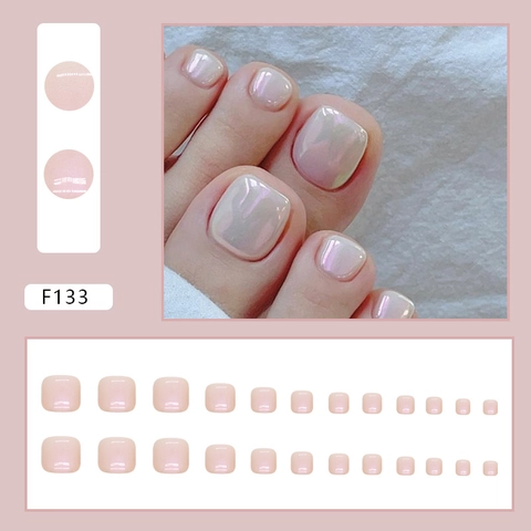 Glossy Pearlescent Aurora Press On Toenails Solid Color Nude Pink Full Cover Short Square Fake Foot Nails For Women