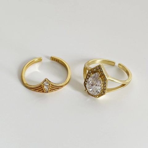 925 Sterling Silver Adjustable Ring Pear Waterdrop Zircon V Shaped Crown Gold Plated Minimalist Retro Jewelry For Women