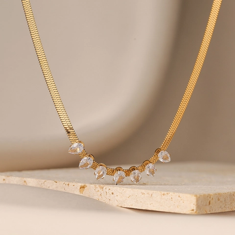 Collana In Acciaio Inossidabile Con Zirconi Da Donna Placcata Oro Catena A Serpente Piatta Cristallo Goccia D'acqua Gioielli