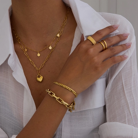 Heart Pendant Necklace Earrings Bracelet Rings Gold Plated Stainless Steel Rhinestone Elegant Fashion Minimalist For Women