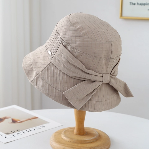 Damen Fischerhut Schleife Dekor Waffelstruktur Sonnenschutz Faltbar Elegant Japanischer Stil Sommer Strand