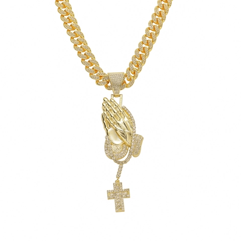 Men Hip Hop Iced Out Praying Hands Cross Pendant Necklace Alloy Rhinestone Cuban Chain Religious Jewelry