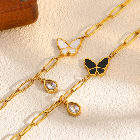 Butterfly Pendant Bracelet Stainless Steel Water Drop Zircon 18K Gold Plated Paperclip Chain Adjustable Jewelry For Women