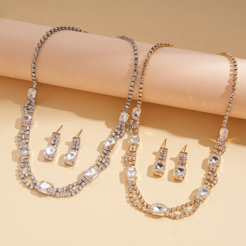 Collana E Orecchini In Zircone Quadrato Gioielli Rame Metallo Con Strass Lusso Elegante Accessorio Matrimonio Donna