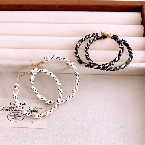 Twisted Leather Wrapped Hoop Earrings With 925 Sterling Silver Earring Post Alloy Gold Tone Letter Print Fashion For Women