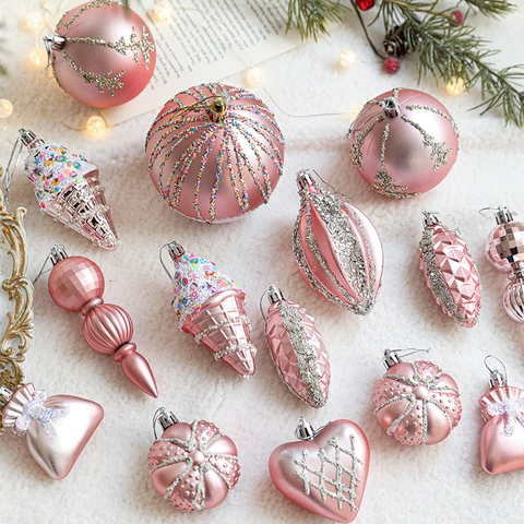 Pink Christmas Tree Ornaments Plastic Electroplated Glitter Hanging Baubles Holiday Festive Party Decoration Mixed Shapes