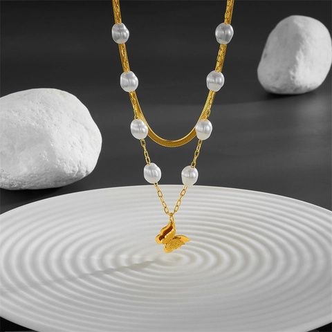 Double Layer Necklace Butterfly Pendant Golden Titanium Steel Artificial Baroque Pearl Snake Bone Chain Elegant Jewelry For Women