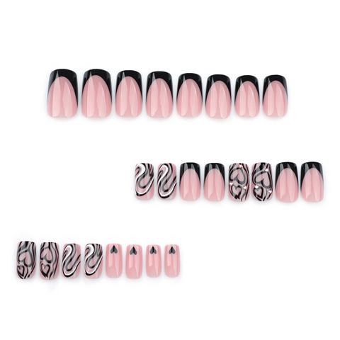Press On Nägel Pink Schwarz Französischer Quadratischer Künstliche Nägel Mit Herz Mustern Und Strasssteinen Für Frauen