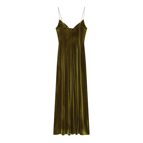 Samt Maxi Kleid Spaghettiträger Tiefer V-Ausschnitt Reißverschluss Schlank Elegant Abendkleid Damen Olivgrün