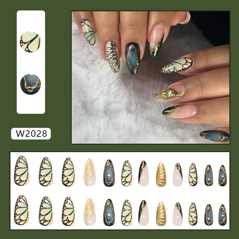 Butterfly Press On Nails 3D Χρυσές Μεταλλικές Γραμμές Σμαραγδί Μάρμαρο Ρετρό Γαλλικό Στυλ Σχήμα Αμυγδάλου Νύχια ABS