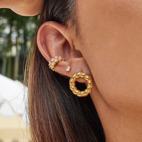 Geometric Round Hoop Earrings Stainless Steel Gold Twisted Zircon Studs Ear Cuffs Waterproof Fashion For Women