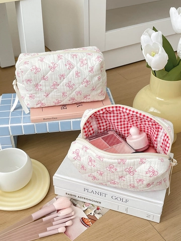 Quilted Cotton Makeup Bag With Pink Bow Pattern Zipper Cosmetic Storage Pouch Aesthetic Travel Organizer For Women