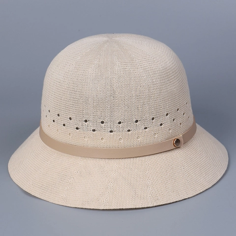 Women Bucket Hat Cotton Polyester Knitted Breathable Hollow Out Sun Protection Elegant Dome Foldable With Leather Band