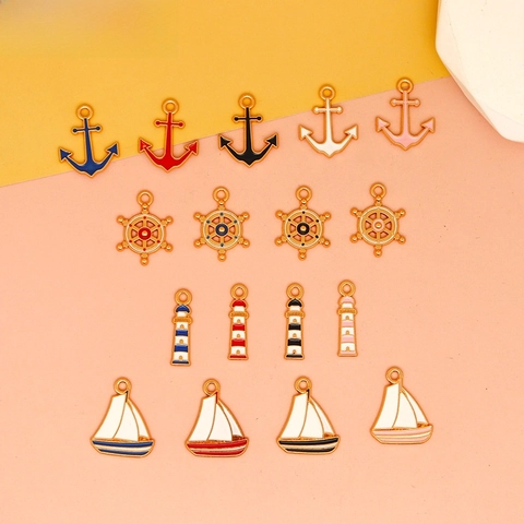 Dijes de Aleación de Esmalte Náutico Velero Ancla Timón Faro para Fabricación de Joyas DIY Pulsera Pendientes Colgantes