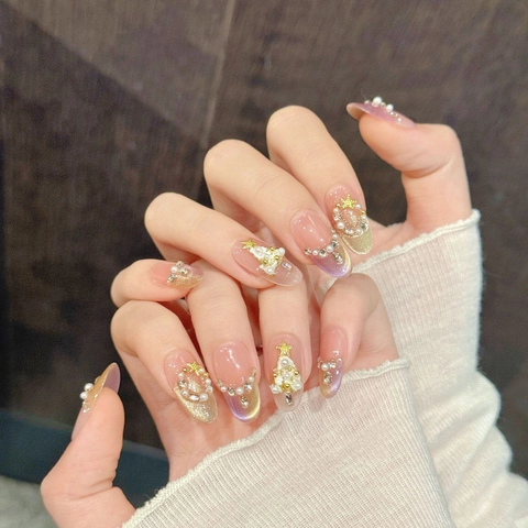 Handgemachte Press On Nägel Pink Katzenauge Farbverlauf Weihnachtsbaum Sterne Künstliche Perlen 3D Strass Winter Festliche Falsche Nägel
