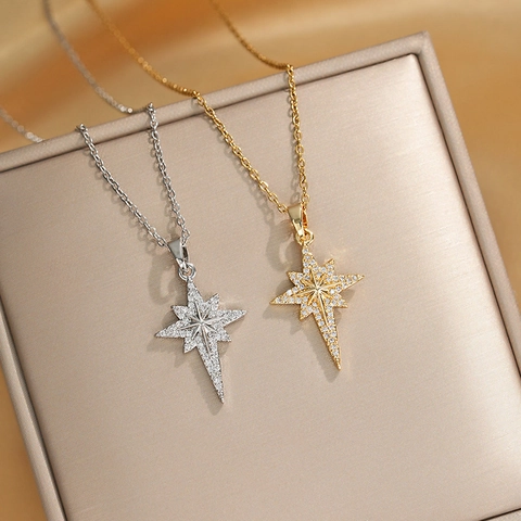 Titanstahl Achtzackiger Stern Anhänger Halskette Mit Zirkonia Eingelegt Kupfer Gold Silber Schlüsselbein Kette Schmuck Für Damen