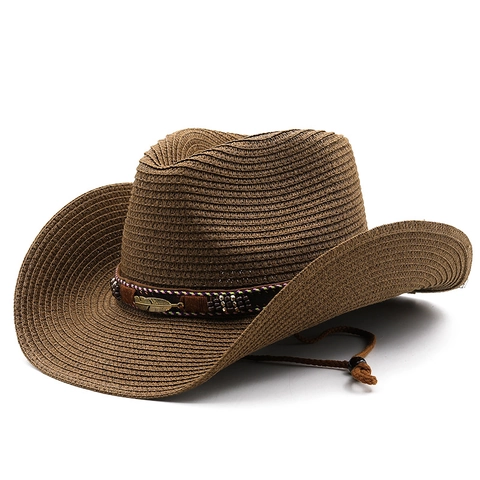 Chapeau De Cow-Boy En Paille À Bord Large Chapeau De Soleil De Plage Avec Plume En Métal Et Perles Cordon Réglable Unisexe