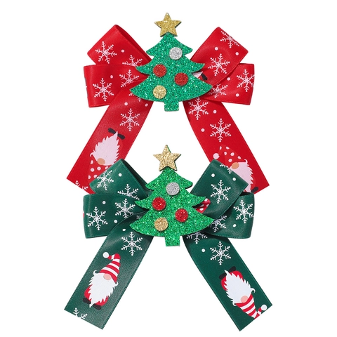 Christmas Snowflake Ribbon Bow Hair Clip For Girls Holiday Santa Claus Pattern Hair Accessory Festive Ribbon Barrette